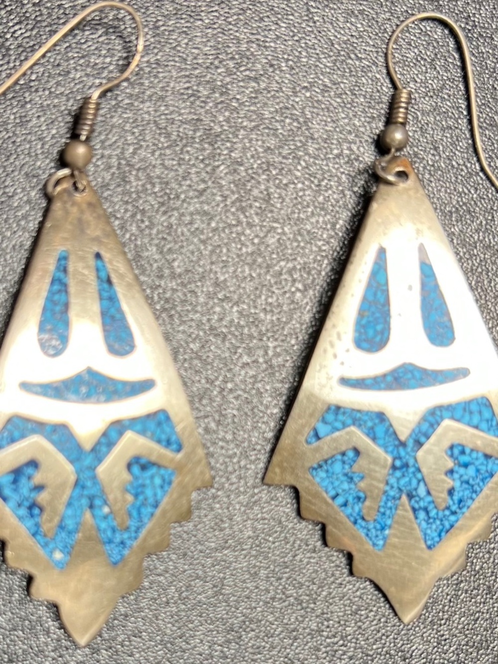 Mexican Alpaca Vintage Southwestern Silver Touquoise Inlay Dangle Wire Earrings